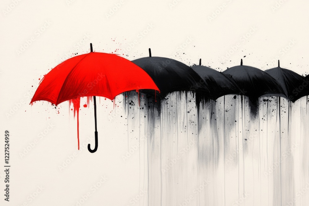 Poster a playful depiction of a single red umbrella in a row of black umbrellas, drawn with bold lines and 