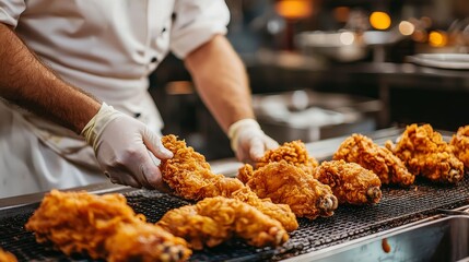 Crispy Fried Chicken Preparation in a Commercial Kitchen Setting