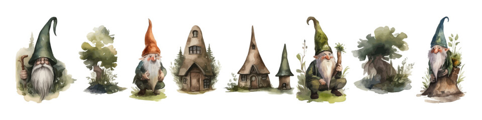 Watercolor dwarves set. Hand drawn gnome collection.