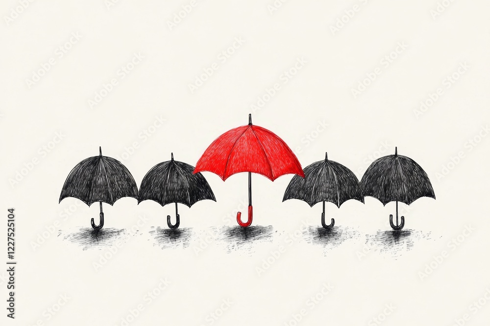 Aufkleber a playful depiction of a single red umbrella in a row of black umbrellas, drawn with bold lines and 