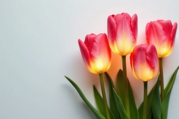 Naklejka premium Elegant glowing tulip bulbs resembling lamps, pure white background , springtime, spring