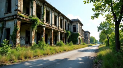 Overgrown Ruins Line a Sun-Drenched Road, a Silent Testament to Time's Passage and Nature's Reclamation