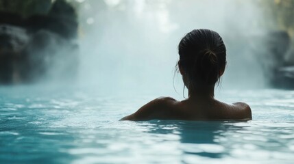 a woman in a pool of water with a waterfall in the background