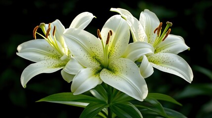 Three elegant white lilies illuminated against a dark background.