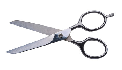 black-handled stainless steel scissors, professional sharp cutting shears, barber and salon tool, isolated background
