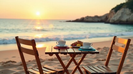 Serene Sunset Beachside Breakfast Two steaming cups of coffee, pastries, and fruit await on a small wooden table, set on a sandy beach at sunrise, with comfortable wooden chairs