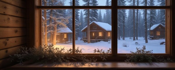 Fototapeta premium Snowflakes gently fall on the windowsill of a wooden cabin, natural, frosty glass, rustic