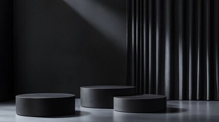 Dark Minimalist Modern Product Display Podiums with Curtain Background