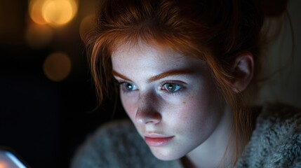 Fototapeta premium a woman looking at a cell phone in the dark