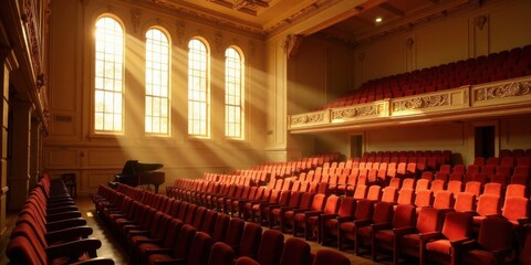 Naklejka premium Sunlit Auditorium with Rows of Empty Seats and a Piano