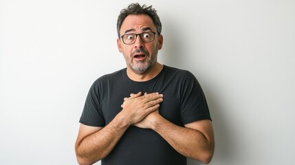 Surprised man expressing shock or disbelief in studio