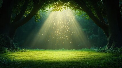 Fototapeta premium A serene forest scene illuminated by sunlight filtering through trees, creating a tranquil atmosphere with lush greenery and a peaceful ambiance.