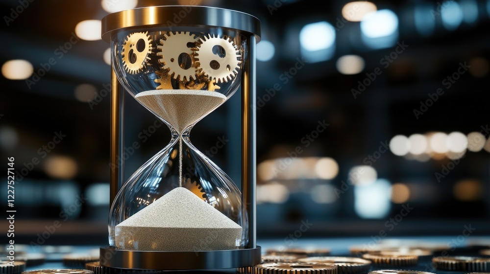 Poster A symbolic hourglass with sand turning into gears, representing the connection between time and innovation, highlighting how time drives technological progress and creativity