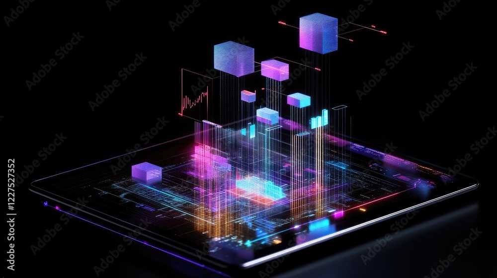 Poster A tablet with floating holographic charts and graphs above it, symbolizing the power of advanced data analytics and futuristic business insights