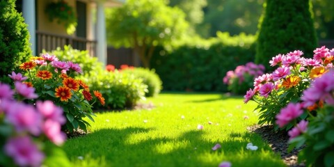 Vibrant blossoms and lush green grass in a tranquil garden setting, showcasing the beauty of nature's artistry during a sunny day.