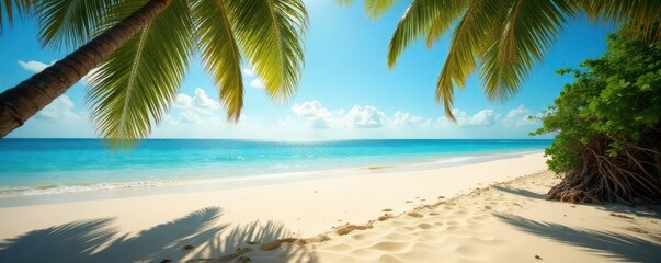 Obraz premium Shadowy palm fronds cast patterns on warm sand near tranquil ocean , heat, tropical