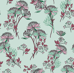 red pink orange and violet vector flowers with leaves pattern on green background