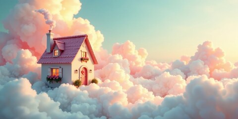 A whimsical pink cottage nestled amongst fluffy pastel clouds at sunset, a dreamy escape above the world