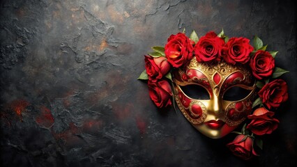 Mysterious Venetian Mask with Red Roses on Black Stone Background, black, mystery, black, mystery, elegance, red, night