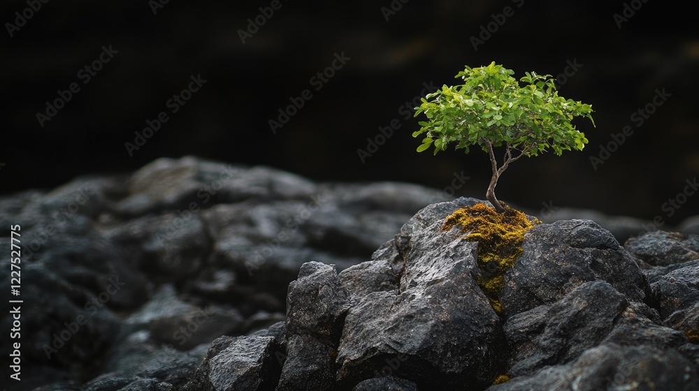 Poster A tiny tree clings to uneven rocks, bathed in light, with a dark and mysterious backdrop creating a captivating and symbolic scene of growth and resilience