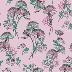 red pink orange and violet vector flowers with leaves pattern on green background