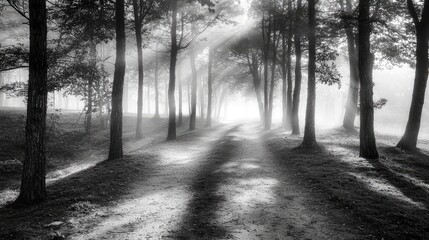 A foggy forest path at dusk, with shadows and silhouettes adding a sense of intrigue. 
