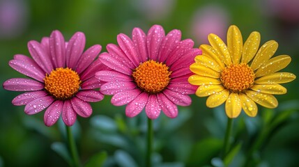 Fototapeta premium Three vibrant daisies with dew drops.