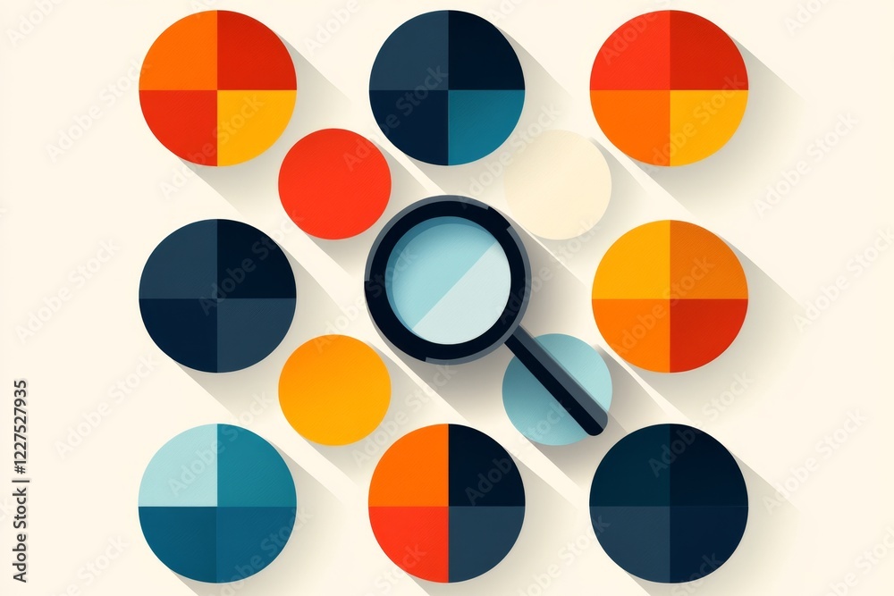 Poster a simple flat design of a magnifying glass highlighting one circle in a grid of identical shapes, em