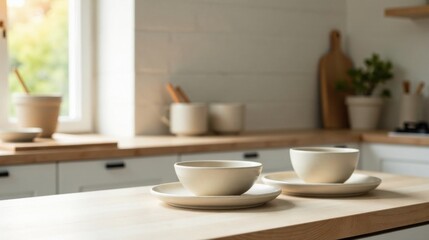 Two Simple Cream-Colored Bowls Resting on Plates on a Light Wood Kitchen Countertop