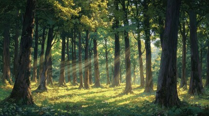 Obraz premium A forest of tall trees with sunlight filtering through the leaves, showcasing the natural wood trunks. 