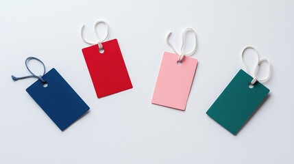 A top-down shot of four modern tags in vibrant red, blue, pink, and green, scattered randomly on a clean white surface, creating a colorful and organized look