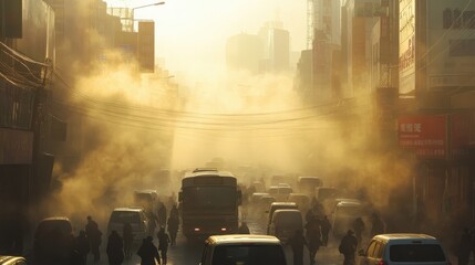 A hazy city street filled with vehicles and pedestrians, obscured by thick smoke and pollution under a golden light.