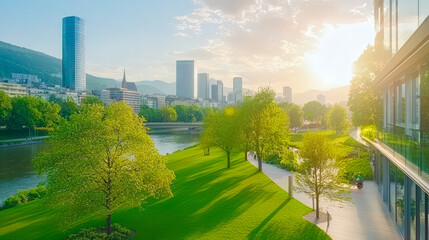 Fototapeta premium Sunset view over city park with green lawns and modern skyscrapers along the river