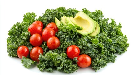 A fresh kale salad with cherry tomatoes, avocado, and a light dressing. 