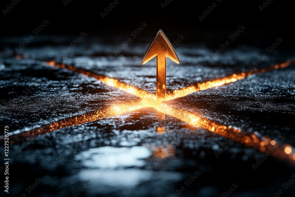 Poster A single downward-pointing arrow intersecting a forked path, symbolizing a critical decision point, rendered with bold lines and simple shapes