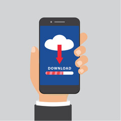 PriUser holding phone and downloading file. Download progress bar flat vector illustration.nt