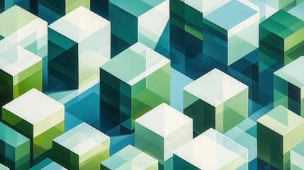 Obraz premium Isometric Geometric Abstract Design Featuring Cubes in Shades of Green and Blue