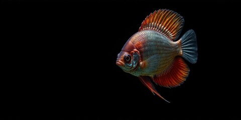 Fototapeta premium A vibrant aquatic creature, showcasing intricate scales and fins, elegantly posed against a dark background.