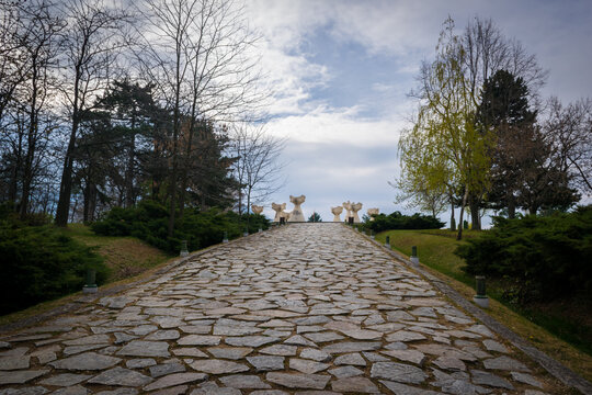 PRILEP, NORTH MACEDONIA - APRIL 6, 2019: Park of the Revolution with Burial mounds of undefeated