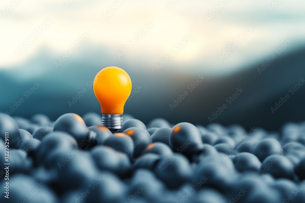 Poster a single glowing light bulb among a cluster of unlit bulbs, symbolizing a distinct idea or realizati