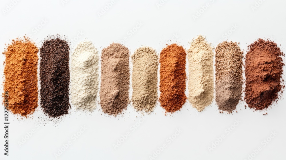 Poster a variety of natural powders and grains in small heaps, arranged to form a gradient of earthy tones 