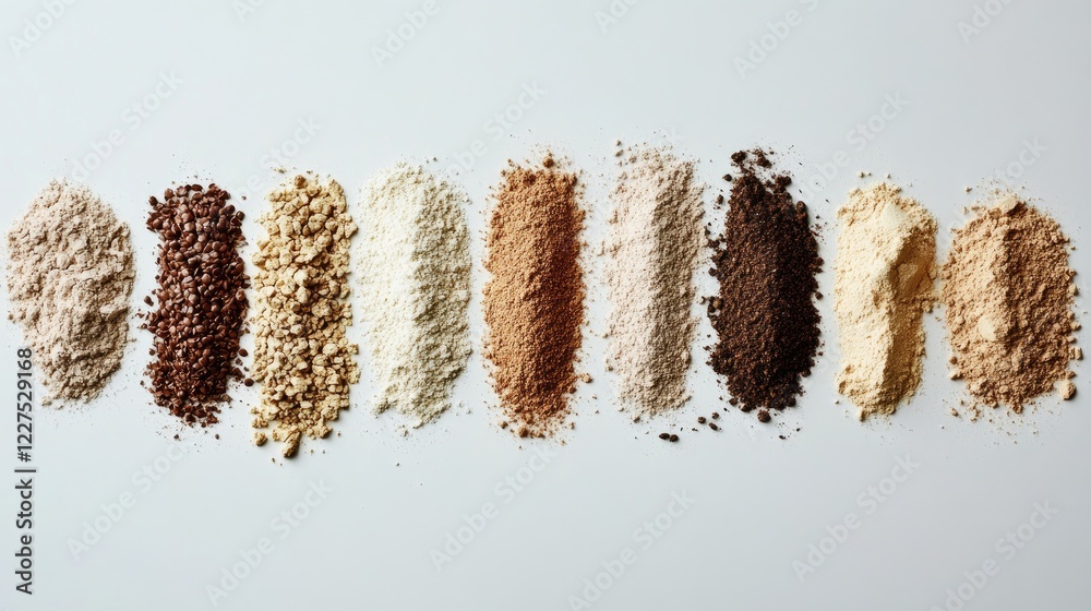 Poster a variety of natural powders and grains in small heaps, arranged to form a gradient of earthy tones 