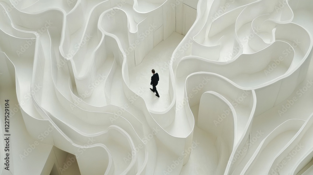 Poster a vast white maze with a businessman making his way through, seen from above, emphasizing the comple