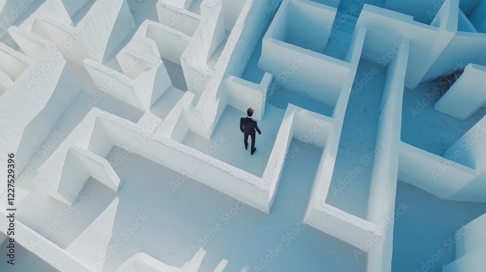 Poster a vast white maze with a businessman making his way through, seen from above, emphasizing the comple