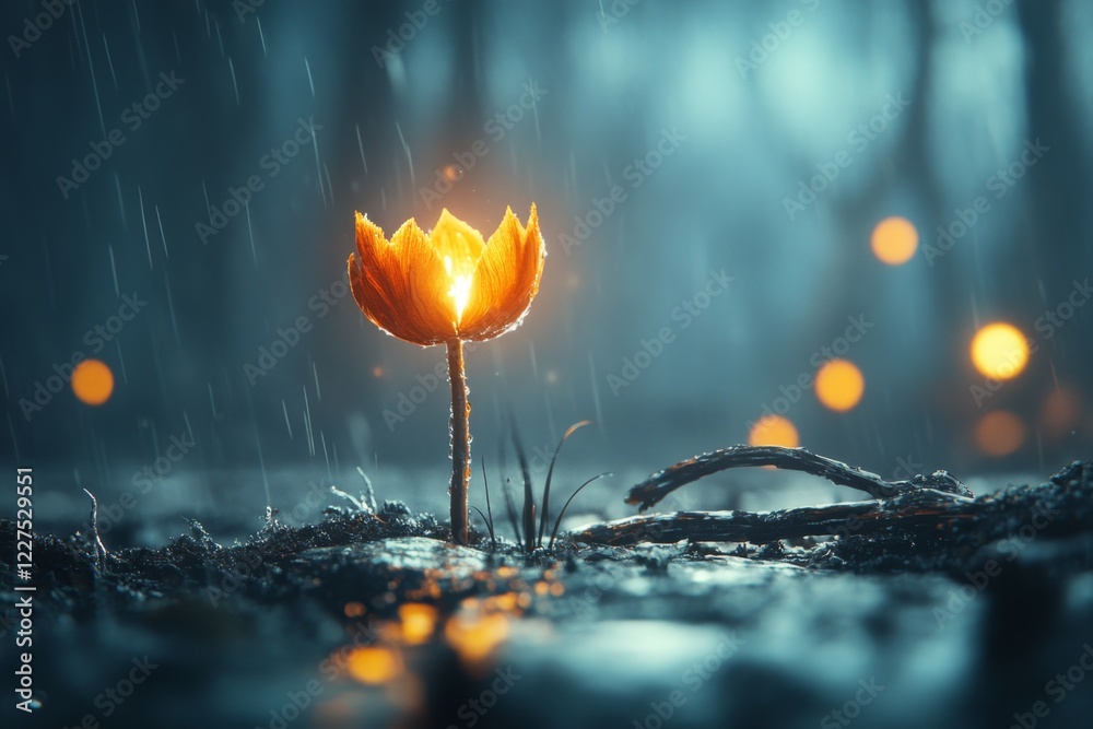 Poster A single lit match in a dark forest, especially emphasizing its light and fragility