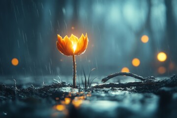 A single lit match in a dark forest, especially emphasizing its light and fragility