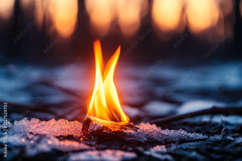 Poster a single lit match in a dark forest, especially emphasizing its light and fragility