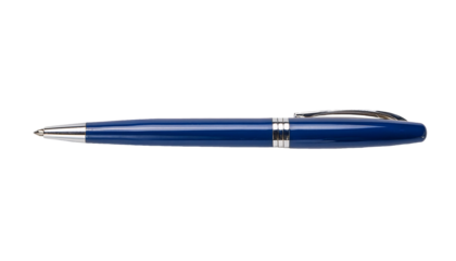 sleek blue ballpoint pen with silver accents, professional writing instrument, retractable ink pen, isolated background
