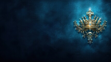 Regal gold crown, dark blue background, royalty concept, website header