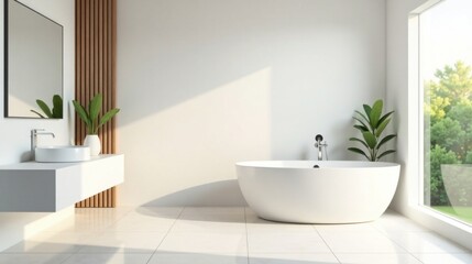Serene Modern Bathroom Interior Design Featuring a Freestanding Tub and Minimalist Vanity